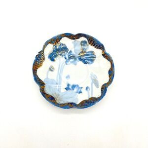 Vintage Blue Floral Lotus Flower Dish Trinket Plate Decorative‎ Gold Accent